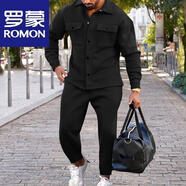 羅蒙（ROMON）秋冬時尚麂皮絨夾克套裝男秋季歐美單排扣休閑純色修身茄克兩件套黑色S (130-150)
