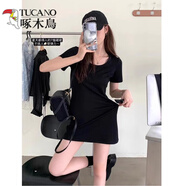 啄木鳥（TUCANO）純棉正肩圓領(lǐng)短袖T恤裙女夏韓版法式顯瘦小個子辣妹包臀連衣裙子 黑色 S 適合70-80斤