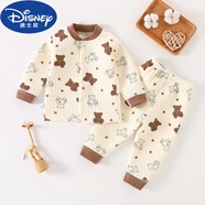 迪士尼（DISNEY）嬰兒童空氣棉兩件套套裝衣服褲子純棉保暖三層夾棉內衣寶寶秋衣 泰迪熊【無(wú)骨/三層保暖】 100 cm【建議24-28斤】
