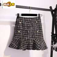 皮爾卡丹（pierre cardin）小香風(fēng)格子半身裙女春秋毛呢魚(yú)尾裙2025新款粗花呢短裙春秋包臀裙 魚(yú)尾黑色雙排扣 S