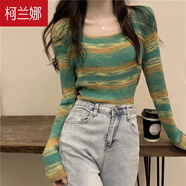 柯蘭娜設計感條紋方領(lǐng)短款上衣女長(cháng)袖t恤女春秋甜辣修身內搭打底針織衫 綠色長(cháng)袖 均碼 適合70-90斤