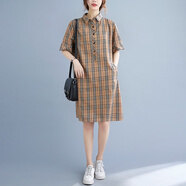 韓版夏裝2025年新款女裝格子連身裙寬松顯瘦中長版裙子?jì)寢屟b短袖 深棕色 均碼 M90-105斤