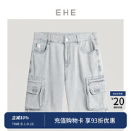 EHE男裝 夏季新款藍(lán)色磨白水洗柔軟微彈修身牛仔短褲男褲子 時(shí)尚工裝牛仔短褲 S