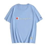 冠軍潮牌夏季純棉T恤刺繡半袖寬松t恤男女學(xué)生同款情侶圓領(lǐng)短袖上衣 天藍大長(cháng)條短袖 3XL