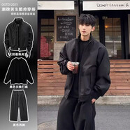 主意范（ZHUYIFAN）夾克男三防美式飛行春秋穿搭一整套立領(lǐng)棒球服外套短款工裝沖鋒衣 【黑夾克+黑長(zhǎng)袖+黑西褲】三件套 L 110-130斤