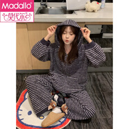 莫代爾冬季加厚半邊絨連帽條紋睡衣女秋冬2025新款珊瑚絨保暖家居服套裝 (圖片色)套裝(韓國半邊絨) S