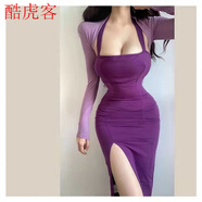 酷虎客后媽?xiě)鹋鄞杭練赓|(zhì)欲性感掛脖抹胸吊帶連衣裙中長(cháng)裙包臀開(kāi)叉裙子 吊帶裙+T恤【套裝】 M