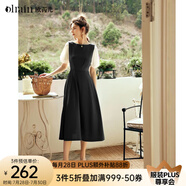 Olrain歐芮兒2025夏季新款黑色撞色袖收腰顯瘦法式連衣裙一字領(lǐng)女 黑色 M