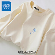 真維斯（Jeanswest）大碼長袖t恤男秋季新款純棉圓領(lǐng)打底衫大學(xué)生重磅透氣內(nèi)搭體恤衫 淺米(夢幻鯨魚胸標(biāo)) S (165)(品控嚴(yán)格)