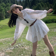 項格青甘大環(huán)線穿搭法式白色長袖連衣裙子女夏季2025新款小個子西北新 重工鏤空白色襯衫裙 S 40/45kg
