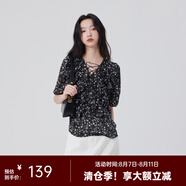 艾萊依（ERAL）商場同款法式浪漫小衫夏木耳邊寬松休閑短袖女系帶款時尚氣質(zhì)上衣 黑底色花 155/80A
