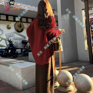 GPHF日本孕婦連衣裙套裝時(shí)尚洋氣時(shí)髦咖色毛衣半身裙兩件套新款春秋冬 紅色毛衣+咖色半身裙 M