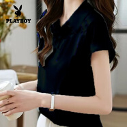 花花公子（PLAYBOY）快搶女士桑蠶絲襯衣新款短袖T恤寬松上衣 經(jīng)典黑 高質(zhì)量*氣質(zhì)百搭高大尚 XL 【115-125斤】