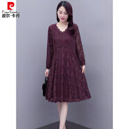 皮爾卡丹（pierre cardin）春秋蕾絲連衣裙2025新款大碼女胖mm中長(cháng)款打底裙寬松遮肚A字裙子 218紫色 4XL