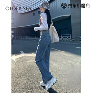 OLDER SEA高腰寬松闊腿褲顯瘦牛仔褲女夏季薄款2025年新款直筒女士褲子女 復古藍 XL 建議120-130斤