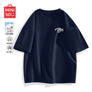 名創(chuàng)優(yōu)品（MINISO）純棉中袖男2025夏季簡約百搭寬松潮多巴胺色系純色短袖T恤男大碼 【100%純棉】藏青(m自由心情胸標) 4XL (體重205-230斤)