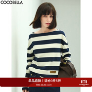 COCOBELLA藍白條紋一字領(lǐng)長袖T恤女秋時尚船領(lǐng)針織上衣TS625 條紋 XL