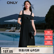 ONLY春夏一字肩高腰中長款收腰吊帶連衣裙女|123207027 H1Z 黑色BLACK S 160/80A