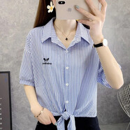 閃蜜襯衫女條紋雪紡2022夏季新款短袖薄款襯衫寬松顯瘦時(shí)尚上衣女印花小披肩潮 藍色條紋 2XL 125-140斤