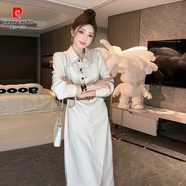皮爾卡丹（pierre cardin）鹽系輕熟風襯衫裙洋裝女春秋季新款修身收腰顯瘦工裝長裙子 米色常規(guī)衣長110 腰帶+絲巾 2XL 120-135斤