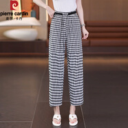 皮爾卡丹黑白格子闊腿褲女夏季2025新款松緊腰抽繩垂感冰絲休閑直筒九分褲 格子 M (建議96-105斤)