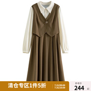 獨(dú)束（DUSHU）大碼女裝假兩件復(fù)古連衣裙女冬裝新款馬甲拼接襯衫翻領(lǐng)壓褶裙子 卡其咖（適合160左右身高） L