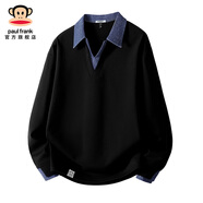 大嘴猴（paul frank）美式翻領(lǐng)衛衣男秋冬季新款潮牌男士保暖加絨加厚拼接寬松休閑上衣 黑色 【官方正品】 M 【建議90-110斤】