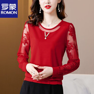 羅蒙（ROMON）官方蕾絲衫2026春裝新款打底衫女士小衫雪紡上衣長(cháng)袖短款T恤 大紅色【圖片色】_888 S _建議75-90斤