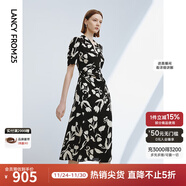 朗姿法式設計感圍裹式顯瘦度假連衣裙夏季新款氣質(zhì)印花裙子 黑色 M