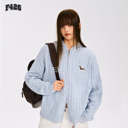 F426官方店國潮牌秋季新款休閑寬松復古麻花連帽開(kāi)衫毛衣 藍色 M