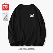 名創(chuàng)優(yōu)品（MINISO）初秋純棉打底衫男春秋重磅圓領(lǐng)內(nèi)搭上衣男女生百搭純色長(zhǎng)袖T恤潮 黑色(m靜默表情胸標(biāo)) XL 180(不起球不掉色)