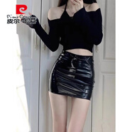 皮爾卡丹（pierre cardin）黑色漆皮pu半身裙女亮面秋冬性感辣妹a字高腰包臀短裙亮皮小皮裙 靚麗黑色 S