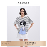 納薇（naivee）商場同款25夏新款摩登美人印花寬松圓領(lǐng)條紋棉T恤女 黑白 S