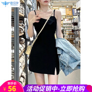 歐貝汐黑色吊帶連衣裙女裝新夏天海邊沙灘小黑裙裙子小個(gè)子開(kāi)叉性感短裙 黑色 XL