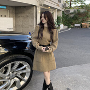 CXXPO半高領(lǐng)針織連衣裙女內(nèi)搭秋冬配大衣氣質(zhì)中長款修身打底毛衣a字裙 淺咖色（腰帶） S
