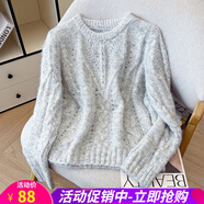 歐貝汐【新品】秋冬新款軟糯麻花鏤空?qǐng)A領(lǐng)毛衣甜美糖果色套頭針織衫 藍(lán)色 均碼