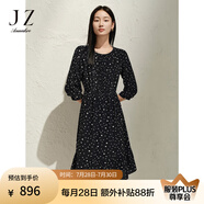 玖姿·安娜蔻法式波點(diǎn)桑蠶絲收腰七分袖荷葉邊連衣裙女2025春季新款 花黑 XL