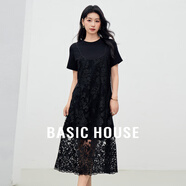 百家好（Basic House）Basic House/百家好夏季新款蕾絲拼接吊帶設計感圓領(lǐng)短袖連衣長(cháng)裙 黑色 M
