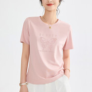 修嫻（soossn）絲光棉正肩t恤女2025夏季新款圓領(lǐng)7a涼感蝴蝶刺繡短袖上衣 優(yōu)雅粉 L