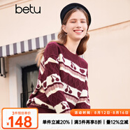 百圖betu女裝秋冬新款毛衣彩色條紋印花圖案套頭毛衫女2310T37 紅色 L