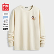 名創(chuàng)優(yōu)品（MINISO）純棉t恤男大碼潮牌圓領(lǐng)長袖200斤胖子男裝衣服休閑簡約內(nèi)搭打底衫 淺米色(m紳士小狗胸標(biāo)) L 175(體重120-140斤左右)