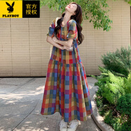 花花公子（PLAYBOY）多巴胺甜美減齡彩色格子泡泡袖連衣裙夏季寬松拼接休閑大擺荷葉裙 彩色格紋 3XL (140-160斤左右)