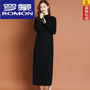 羅蒙（ROMON）高檔連衣裙新款秋冬長款過膝羊毛裙女內(nèi)搭針織打底羊毛針織毛衣裙 黑色【高端長裙】 XL 建議120-130斤