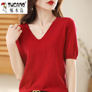 啄木鳥(niǎo)V領(lǐng)短袖針織T恤衫女套頭短款中袖薄款毛衣純色百搭上衣五分袖 鐵銹紅 XL