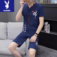 花花公子（PLAYBOY）夏季中國風(fēng)亞麻套裝男漢服棉麻短袖t恤唐裝古裝中式 刺繡棉兩件套 920佛 藏青（上衣 ＋短褲） 3XL 146-156斤