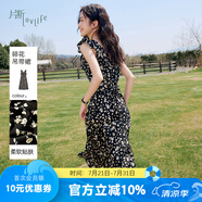 片斷連衣裙女2025夏季新款v領(lǐng)小飛袖收腰田園浪漫a字裙碎花長裙 黑白 S