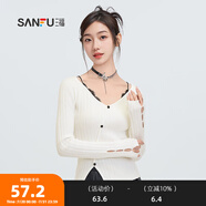 三福毛衣2025春季蕾絲拼接掛脖不對稱下擺上衣女裝495859 米白色 L