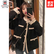 AEMAPE高檔小香風(fēng)厚短外套圓領(lǐng)麻花邊加女冬季2026新款韓版百搭顯瘦上衣 黑色加棉 M 95-110斤