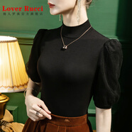 LOVER RUCCI法國2025夏季棉t半高領(lǐng)T恤女五分袖修身網(wǎng)紗拼接女裝小衫中袖上衣 黑色 S