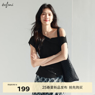 伊芙麗（eifini）伊芙麗時(shí)尚一字肩斜肩天絲羊毛舒適百搭短袖T恤設(shè)計(jì)感2025夏新款 黑色 M